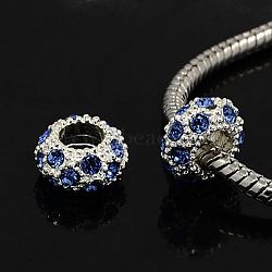 Alloy Rhinestone European Beads, Large Hole Beads, Rondelle, Silver Color Plated, Light Sapphire, 11x6mm, Hole: 5mm(CPDL-H999-23)