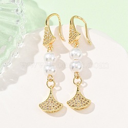 Brass Micro Pave Cubic Zirconia Dangle Earrings, Fan, with Imitation Pearl, Golden, 43x10mm(KK-CBADE12-03G)