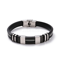 Men's Silicone Cord Bracelet, Titanium Steel Curved Tube Beads Friendship Bracelet, Black, Gunmetal & Stainless Steel Color, 8-7/8 inch(22.5cm)(BJEW-M206-02GP)