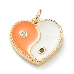 Brass Micro Pave Cubic Zirconia Pendants, with Enamel, Long-Lasting Plated, Real 18K Gold Plated, Heart with Yin Yang, Orange, 15x15x2.5mm, Hole: 3mm(ZIRC-P200-13H-G)