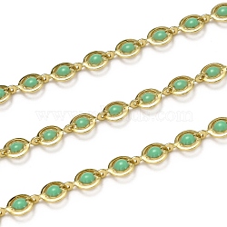 Brass Link Chains, with Enamel, Spool, Long-Lasting Plated, Unwelded, Flat Round, Golden, Medium Sea Green, Links: 9x6x1.5mm(CHC-L039-47G-G)