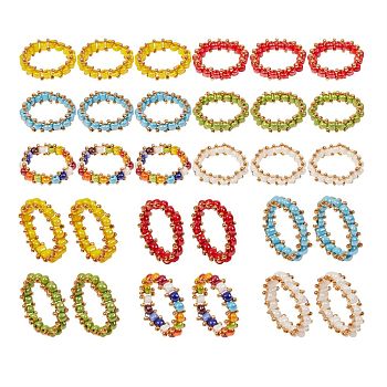 30Pcs 6 Colors Round Glass Seed Beaded Finger Rings, with Real 18K Gold Plated Copper Wire, Mixed Color, US Size 10 3/4(20.3mm), 5pcs/color