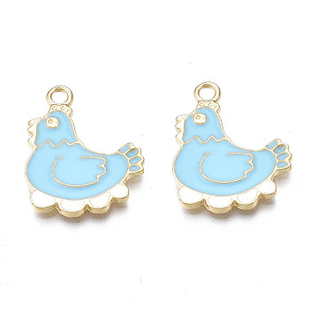 Alloy Enamel Pendants, Cadmium Free & Nickel Free & Lead Free, Light Gold, Hen with Eggs, Light Sky Blue, 21x17.5x2mm, Hole: 2mm