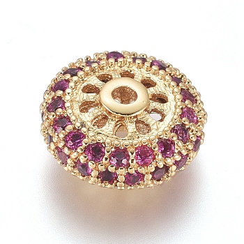 Brass Micro Pave Cubic Zirconia Spacer Beads, Flat Round, Deep Pink, Golden, 11x5mm, Hole: 1.4mm