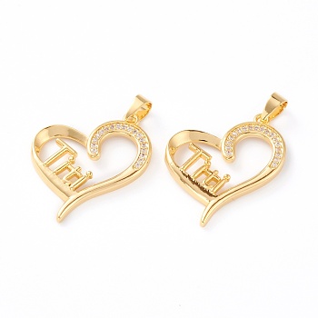 Brass Micro Pave Clear Cubic Zirconia Pendants, Long-Lasting Plated, Heart with Word Titi, Real 18K Gold Plated, 26x22x3mm, Hole: 4x3mm