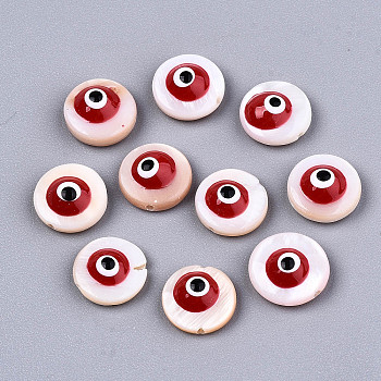 Natural Freshwater Shell Beads, with Enamel, Flat Round with Evil Eye, Red, 9x4.5mm, Hole: 0.8mm