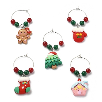 Christmas Resin Wine Glass Charms, with Brass Hoop Earring Findings and Natural & Dyed Malaysia Jade Beads, Gingerbread Man/Tree/House/Gloves/Christmas Socking, Mixed Color, 54~60mm
