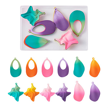 24Pcs 12 Style Spray Painted Iron Pendants, Leaf & Teardrop & Wave, Mixed Color, 45~50x25.5~37x2.5~7mm, Hole: 1.6~1.8mm, 2pcs/style