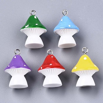 Opaque Resin Pendants, with Platinum Tone Iron Loops, Mushroom with Polka Dots, Mixed Color, 23~24x17mm, Hole: 2mm