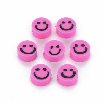 Handmade Polymer Clay Beads, Flat Round with Smiling Face, Deep Pink, 8~9x4mm, Hole: 1.5mm
