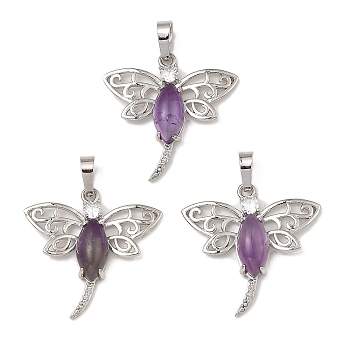 Rack Plating Brass Pendants, with Natural Amethyst, Dragonfly Charms, Platinum, 30x30.5x6mm, Hole: 8x5mm