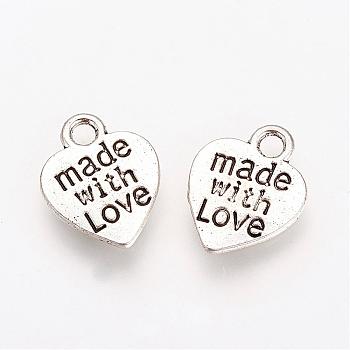 Tibetan Style Alloy Pendants, Heart with Word Made with Love, For Valentine's Day, Cadmium Free & Lead Free, Antique Silver, 12.5x10x1.5mm, Hole: 2mm, about 149pcs/90g