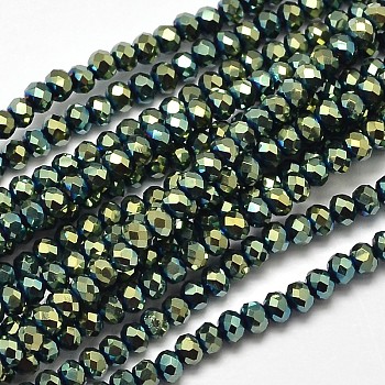 Faceted Rondelle Full Plated Electroplate Glass Beads Strands, Green Plated, 3x2mm, Hole: 0.5mm, about 130pcs/strand, 14.9 inch