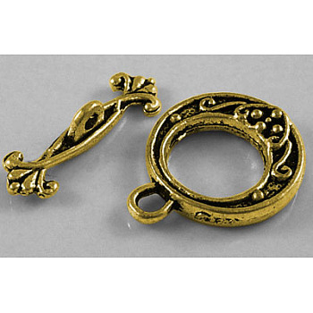 Tibetan Style Toggle Clasps, Antique Golden, Lead Free, Cadmium Free and Nickel Free, made of zinc alloy, Size: Flat Round: 16mm wide, 19.5mm long, Bar: 21mm long, hole: 1.5mm.