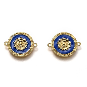 Brass Links Connectors, Long-Lasting Plated, with Enamel, Real 18K Gold Plated, Flat Round with Flower, Midnight Blue, 15x19x1.9mm, Hole: 1.2mm