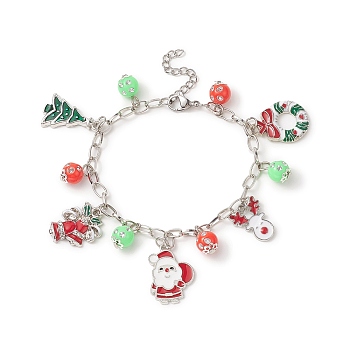 Christmas Tree & Santa Claus Alloy Enamel & Acrylic Charm Bracelet, Iron Jewelry for Women, Colorful, 7 inch(17.8cm)