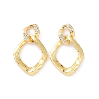 Clear Cubic Zirconia Double Twist Rhombus Dangle Stud Earrings, Brass Jewelry for Women, Real 18K Gold Plated, 32mm, Pin: 0.7mm