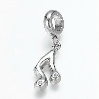 304 Stainless Steel European Dangle Charms, Large Hole Pendants, Musical Note, Stainless Steel Color, 29mm, Hole: 5mm, Pendant: 19x10x2mm, hole: 5mm