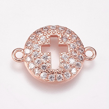 Brass Micro Pave Cubic Zirconia Links, Flat Round with Cross, Clear, Rose Gold, 11x16x2.5mm, Hole: 1mm