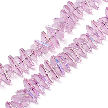 Electroplate Transparent Glass Beads Strands, Rainbow Plated, Triangle, Pink, 9x15.5~16mm, Hole: 1mm, about 120pcs/strand, 24.57~25.67''(62.4~65.2cm)