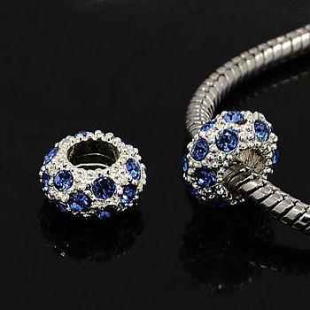 Alloy Rhinestone European Beads, Large Hole Beads, Rondelle, Silver Color Plated, Light Sapphire, 11x6mm, Hole: 5mm