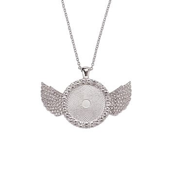 Alloy Big Pendants Cabochon Settings, with Crystal Rhinestone, Cadmium Free & Lead Free, Flat Round with Wing, Platinum, Tray: 25mm, 41.5x60x3.5mm, Hole: 5x3.5mm