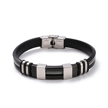 Men's Silicone Cord Bracelet, Titanium Steel Curved Tube Beads Friendship Bracelet, Black, Gunmetal & Stainless Steel Color, 8-7/8 inch(22.5cm)