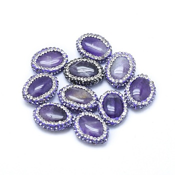 Natural Amethyst Beads, with Polymer Clay Rhinestone, Oval, Violet, 18~20x14~16x5~7mm, Hole: 0.8~1mm