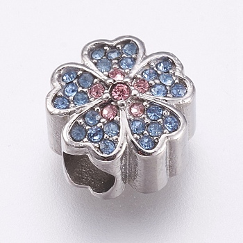 304 Stainless Steel European Beads, Large Hole Beads, with Rhinestone, Flower, Stainless Steel Color, Light Sapphire, 11x7mm, Hole: 4mm