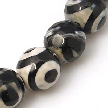 Tibetan Style 3-Eye dZi Beads, Natural Agate, Dyed, Faceted, Round, Black, 8mm