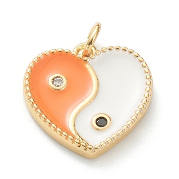 Brass Micro Pave Cubic Zirconia Pendants, with Enamel, Long-Lasting Plated, Real 18K Gold Plated, Heart with Yin Yang, Orange, 15x15x2.5mm, Hole: 3mm