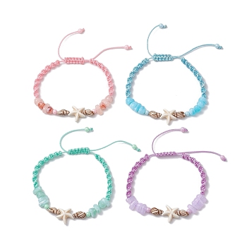 4Pcs Adjustable Synthetical Turquoise Starfish Braided Bead Bracelets, with Acrylic Shell Beads, Mixed Color, Inner Diameter: 3-1/8 inch(7.95cm)