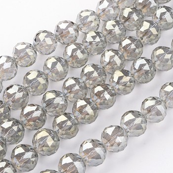 Electroplate Glass Bead Strands, Full Rainbow Plated, Faceted, Round, Dark Khaki, 13.5mm, Hole: 2mm, about 18pcs/strand, 9 inch(23cm)