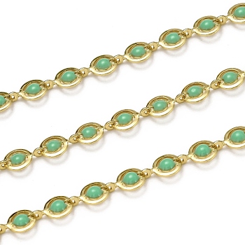 Brass Link Chains, with Enamel, Spool, Long-Lasting Plated, Unwelded, Flat Round, Golden, Medium Sea Green, Links: 9x6x1.5mm
