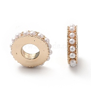 Rack Plating Alloy European Beads, with ABS Imitation Pearls, Large Hole Beads, Flat Round/Disc, Light Gold, 11.5x3mm, Hole: 5mm(PALLOY-P289-33LG)