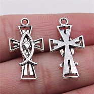 Alloy Enamel Pendant, Crucifix Cross with Jesus Fish, for Easter, Antique Silver, 26x14mm(EAER-PW0001-025)