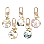 Chinese Style Alloy Enamel Pendant Decoratios, with Swivel Clasps, Flat Round with Rabbit, Mixed Color, 61~65mm, 5pcs/set(HJEW-JM01091)