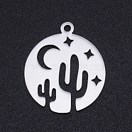 201 Stainless Steel Laser Cut Pendants, Flat Round with Cactus, Stainless Steel Color, 20.5x18x1mm, Hole: 1.4mm(STAS-S105-T969-1)