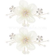 Detachable Cloth Flower Shoe Decoration, Iron Shoe Buckle Clip with Crystal Rhinestone & Imitation Pearl, Light Yellow, 64~65x48x14.5~15mm, 2pcs/set(AJEW-WH0326-76A)