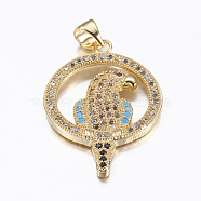 Brass Micro Pave Cubic Zirconia and Synthetic Turquoise Pendants, Flat Round with Parrot, Real 18K Gold Plated, 28.5x19x3mm, Hole: 3.5x4mm(ZIRC-L071-24G)