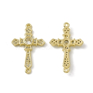 Rack Plating Brass Pave Clear Cubic Zirconia Connector Charms, Religion Cross Links, Brass Jewelry for Women, Cadmium Free & Lead Free, Long-Lasting Plated, Real 18K Gold Plated, 29.5x18.5x3mm, Hole: 1.2mm(ZIRC-F130-10G)
