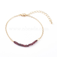 January Birthstone Natural Garnet Beaded Bracelets, with Brass Cable Chains, Faceted Round, Golden, 7-1/4 inch(18.5cm)(BJEW-JB06092-01)
