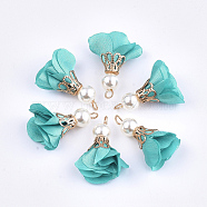 Iron Pendants, with Cloth and ABS Plastic Imitation Pearl, Flower, Golden, Dark Turquoise, 25~32x15~25mm, Hole: 1~4mm(FIND-T033-07E)