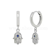 Rhodium Plated 925 Sterling Silver Micro Pave Cubic Zirconia Dangle Hoop Earrings, Hamsa Hand, with 925 Stamp, Platinum, 23x11mm(KK5454-1)