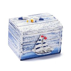 Wood Box, Flip Cover Box, with Resin Ship, Rectangle, White, 6x7.5x6.4cm(CON-K013-04)