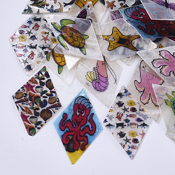 Printed Capiz Shell Pendants, Single-Sided Printed, Rhombus with Marine Organism, Mixed Color, 48~49.5x29.5~30.5x1mm, Hole: 1.6mm(SHEL-T016-08)