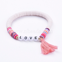 Handmade Polymer Clay Heishi Beads Stretch Bracelets, with Word Acrylic Beads and Cotton Thread Tassel Pendants, for Mother's Day, Love, Colorful, 2 inch(5.2cm)(X-BJEW-JB05086-02)