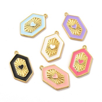 Brass Enamel Pendants, Cadmium Free & Lead Fre, Hexagon with Heart Charm, Golden, Mixed Color, 23x13.5x2.5mm, Hole: 1.2mm