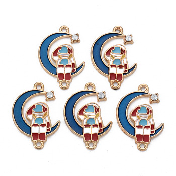 Alloy Enamel Pendants, with Crystal Rhinestone, Cadmium Free & Nickel Free & Lead Free, Spaceman with Moon, Light Gold, Prussian Blue, 25x16x2mm, Hole: 1.4mm