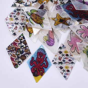 Printed Capiz Shell Pendants, Single-Sided Printed, Rhombus with Marine Organism, Mixed Color, 48~49.5x29.5~30.5x1mm, Hole: 1.6mm